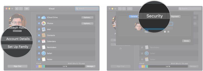 Нажмите Детали учетной записи, нажмите Безопасность